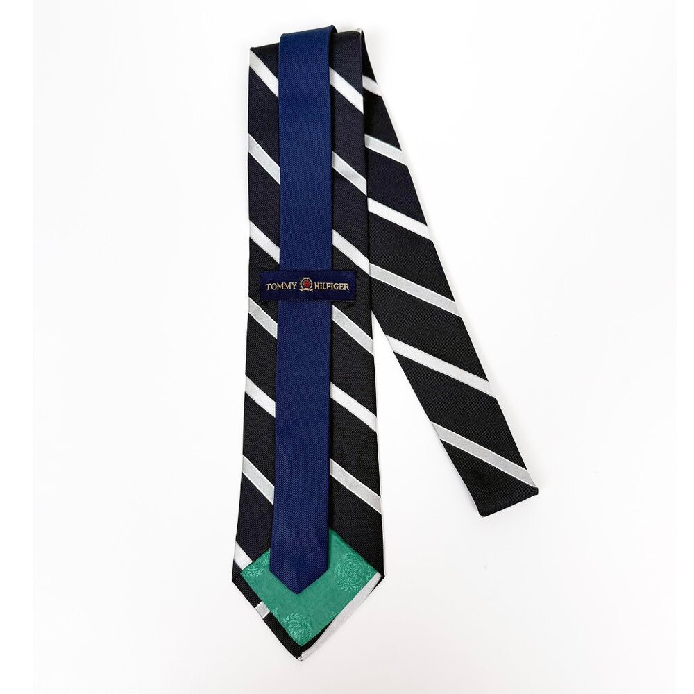 Tommy Hilfiger Men’s Necktie, Black, Silver & Gray Diagonal Stripes, 100% Silk